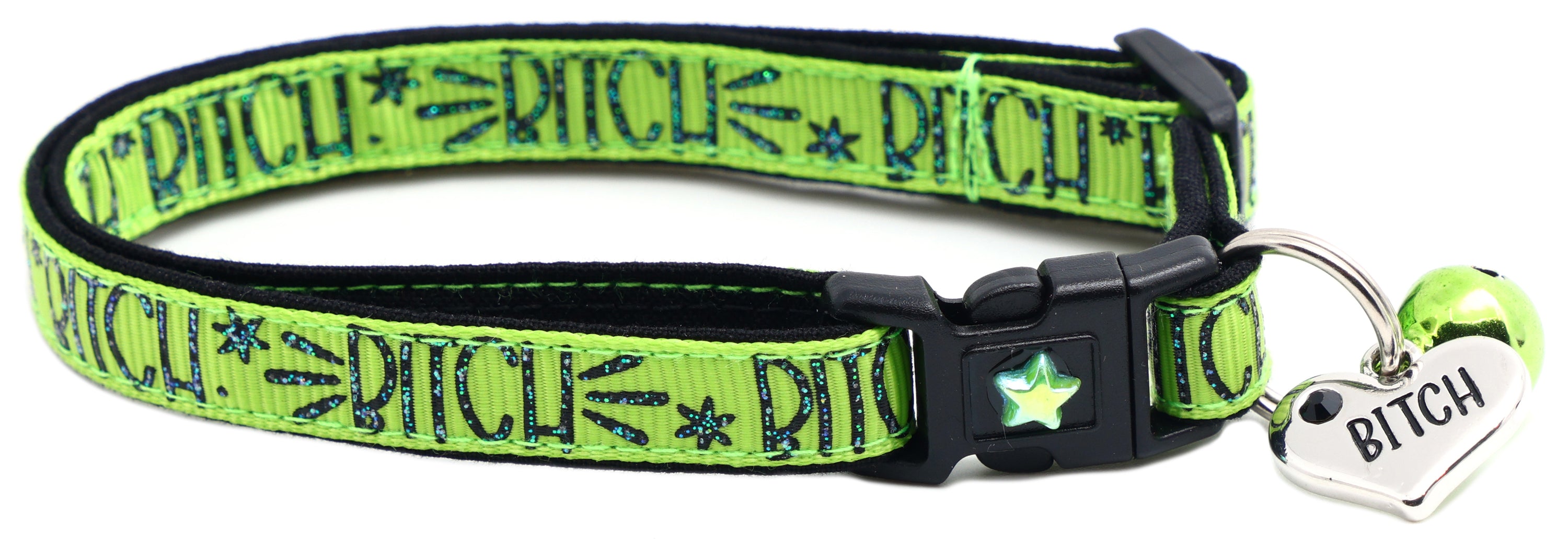 Bitch 2 Breakaway Cat Collar in reinforced cotton with breakaway clips and removable bell, available in various sizes.
